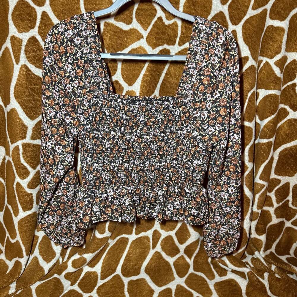 Japna Floral Smocked Long Sleeve Square Neck Peplum Top
